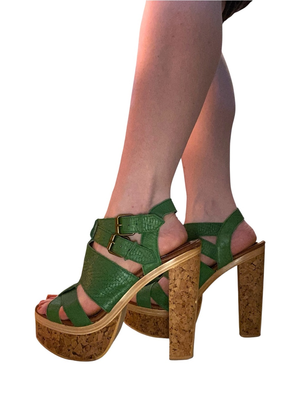 Cynthia Vincent Green Embossed Leather Cork Platform Heels Size 8 / 7.5
